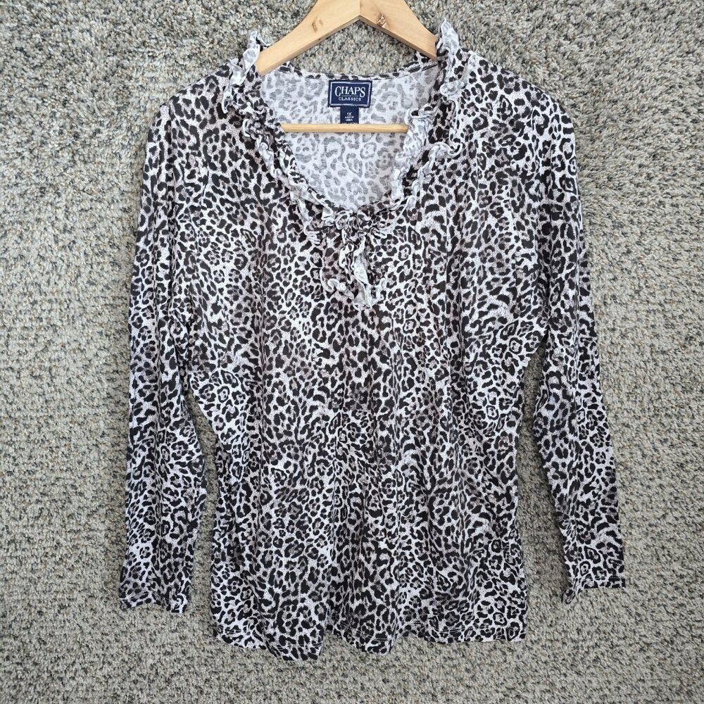 Chaps Top Womens Plus 1X Black Animal Print Ruffle V Neck‎ Tee Casual Ladies